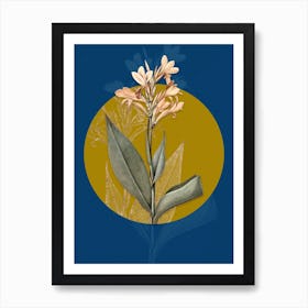 Vintage Botanical Water Canna on Circle Yellow on Blue Art Print