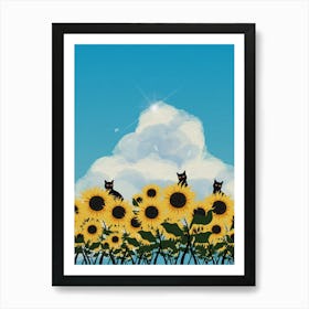 Minimal art of a cat in a sunflower field Art Print