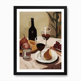 Atutumn Dinner Table With Cheese, Wine And Pears, Illustration 2 Art Print