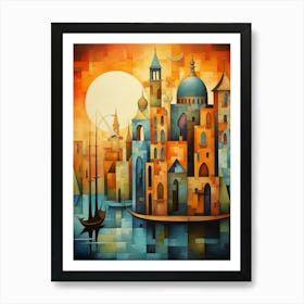 City of Venice at Sunset, Vibrant Colorful Abstract Painting in Cubism Style Art Print