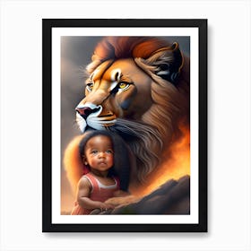 fire lion and baby girl 1 Art Print