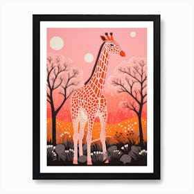 Giraffe With Trees In The Background Pink & Mustard 1 Art Print