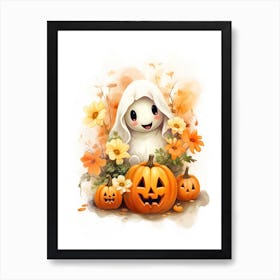 Cute Ghost With Pumpkins Halloween Watercolour 65 Art Print