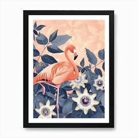 American Flamingo And Passionflowers Minimalist Illustration 4 Art Print