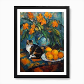 Flower Vase Paradise With A Cat 3 Impressionism, Cezanne Style Art Print