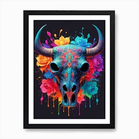 Floral Bull Skull Neon Iridescent Painting (27) Art Print