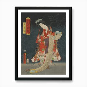 Standing Figure With Long Hair Wearing A Blue Flowered Hair Ornament And A Red And White Kimono With Floral Patterns Art Print