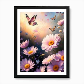 Butterflies And Daisies Art Print