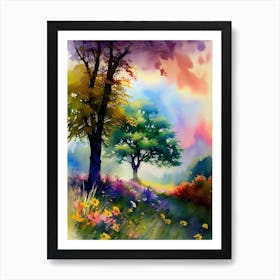 Watercolor Of Trees And Flowers Art Print