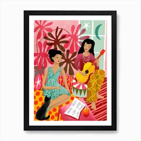 House Music Ladies With Guitar And Cat Art Print