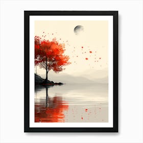 Red Tree By The Lake Art Print