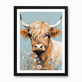 Chalk Blue Floral Portrait Of Highland Cow Art Print