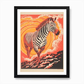 Zebra Running Linocut Inspired  2 Art Print
