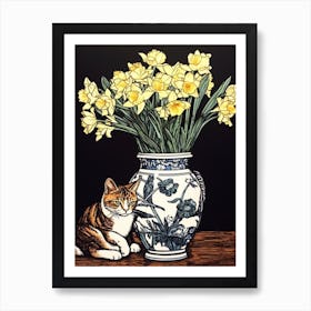 Drawing Of A Still Life Of Daffodils With A Cat 4 Art Print