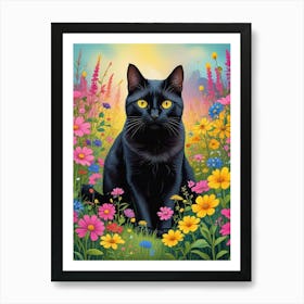 Quirky Cat In A Flower Field Art Print (3) Art Print