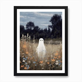 Cute Bedsheet Ghost In Flower Landscape Vintage Style, Halloween Spooky 2 Art Print