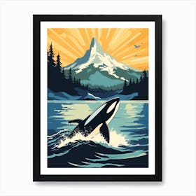 Retro Poster Style Orca Diving Out Of Ocean Art Print