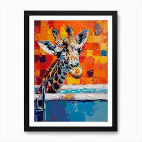 Giraffe In The Bath Warm Tones 3 Art Print