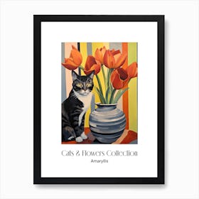 Cats & Flowers Collection Amaryllis Flower Vase And A Cat, A Painting In The Style Of Matisse 2 Art Print