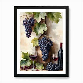 Vines,Black Grapes And Wine Bottles Painting (15) Art Print