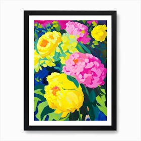 Cottage Gardens Peonies Yellow Colourful Painting Art Print