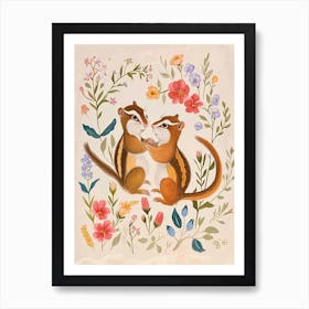 Folksy Floral Animal Drawing Chipmunk Art Print