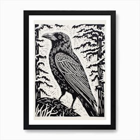 B&W Bird Linocut Raven 1 Art Print