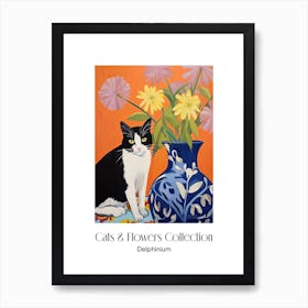 Cats & Flowers Collection Delphinium Flower Vase And A Cat, A Painting In The Style Of Matisse 2 Art Print