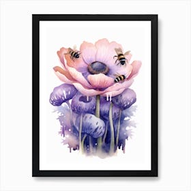 Beehive With Anemone Flower Watercolour Illustration 4 Art Print