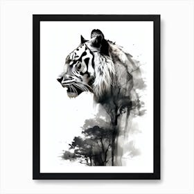 Tiger Black and White Watercolor Ink Art Print