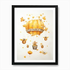 Bee Flying With Autumn Fall Pumpkins And Balloons Watercolour Nursery 4 Art Print