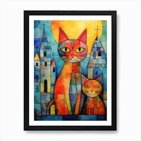 Two Patchwork Cats In Front Of Medieval Churches  Art Print