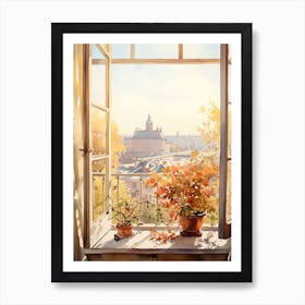 Window View Of Belgrade Serbia In Autumn Fall, Watercolour 4 Art Print