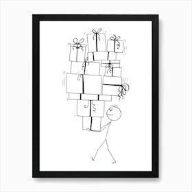 Stick Figure Carrying Gifts.. Art Print