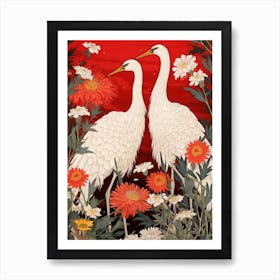 Black And Red Cranes 5 Vintage Japanese Botanical Art Print