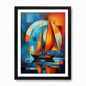 Sailing Boat at Sunset V, Avant Garde Vibrant Colorful Painting in Cubism Picasso Style Art Print