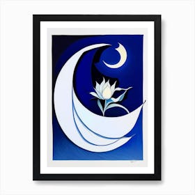 Crescent Moon And 1, Lotus Symbol Blue And White Line Drawing Art Print