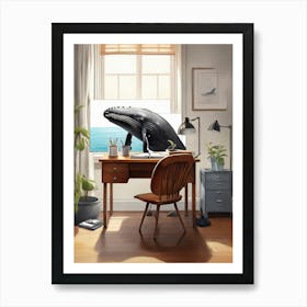 Whale Sitting At Desk Drawing Square Art Print 1 Art Print