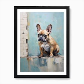 French Bulldog Dog, Painting In Light Teal And Brown 1 Art Print