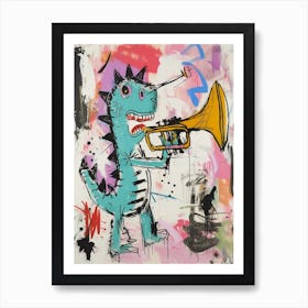 Abstract Dinosaur Scribble Playing The Trumpet 3 Art Print