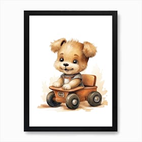 Puppy On A Toy Car, Watercolour Nursery 1 Art Print