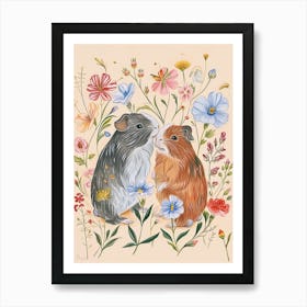 Folksy Floral Animal Drawing Guinea Pig 2 Art Print