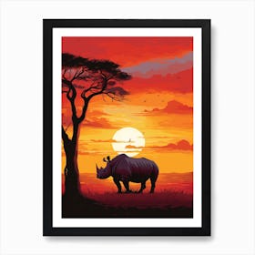 Rhinoceros Sunset Silhouette Painting 2 Affiche