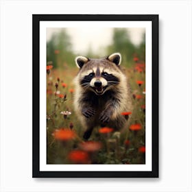 Cute Funny Cozumel Raccoon Running On A Field Wild 4 Art Print