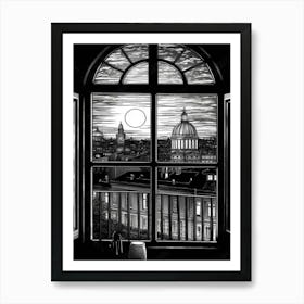 A Window View Of Berlin In The Style Of Black And White  Line Art 3 Art Print