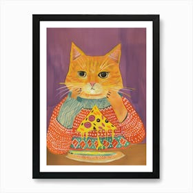 Happy Orange Cat Pizza Lover Folk Illustration 3 Art Print