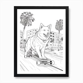 Siberian Husky Dog Skateboarding Line Art 1 Art Print