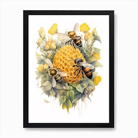Four Banded Flower Bee Beehive Watercolour Illustration 1 Art Print