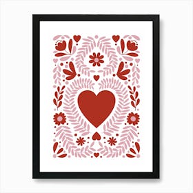 Folk Heart Red and Pink Art Print