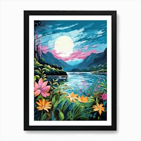 Mountain Lake Night Travel Painting Botanical Housewarming Art Print